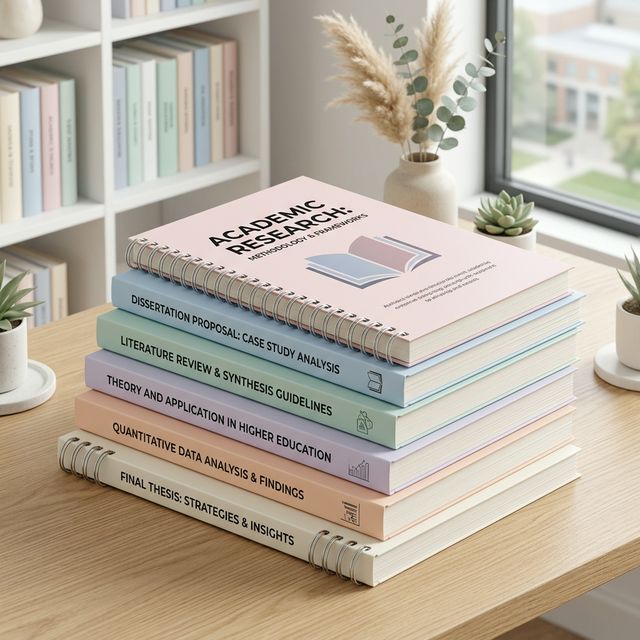 깔끔하게 정리된 과제물과 제본 서적들